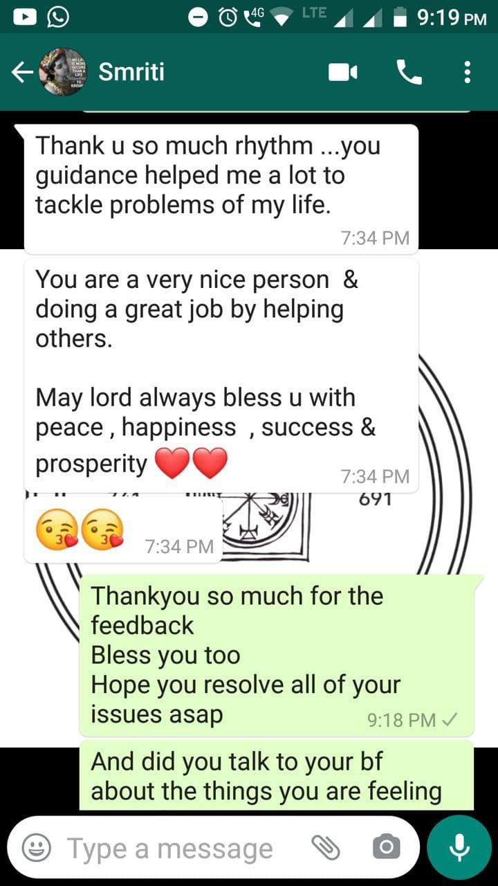 Client testimonial screenshot thanking Rhythm for helpful life guidance.