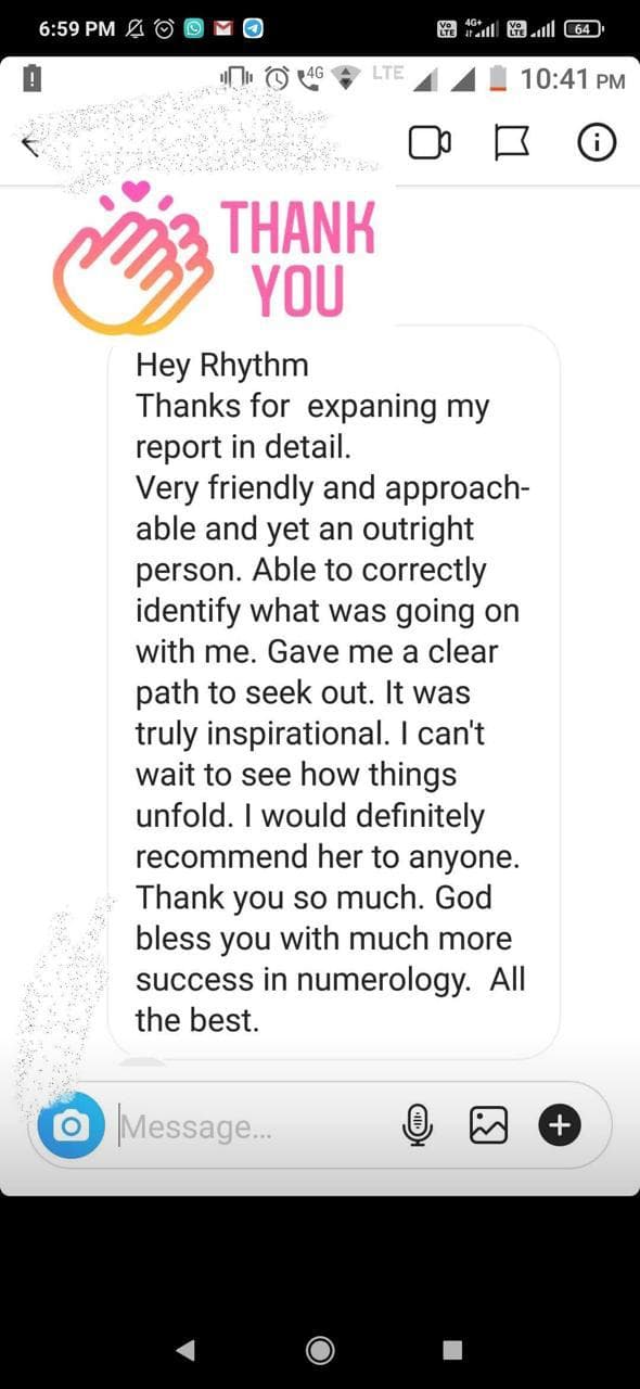 Client testimonial screenshot praising a detailed numerology report and clear guidance.