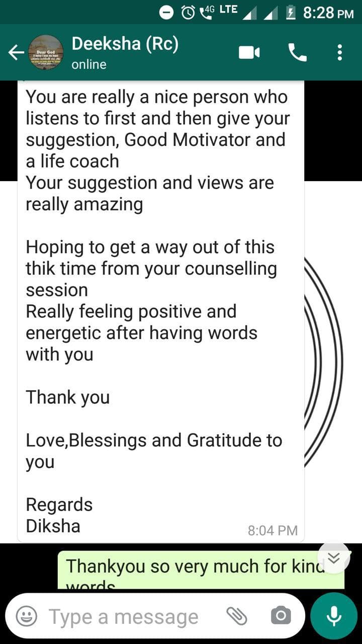 Client testimonial screenshot describing supportive counselling guidance.