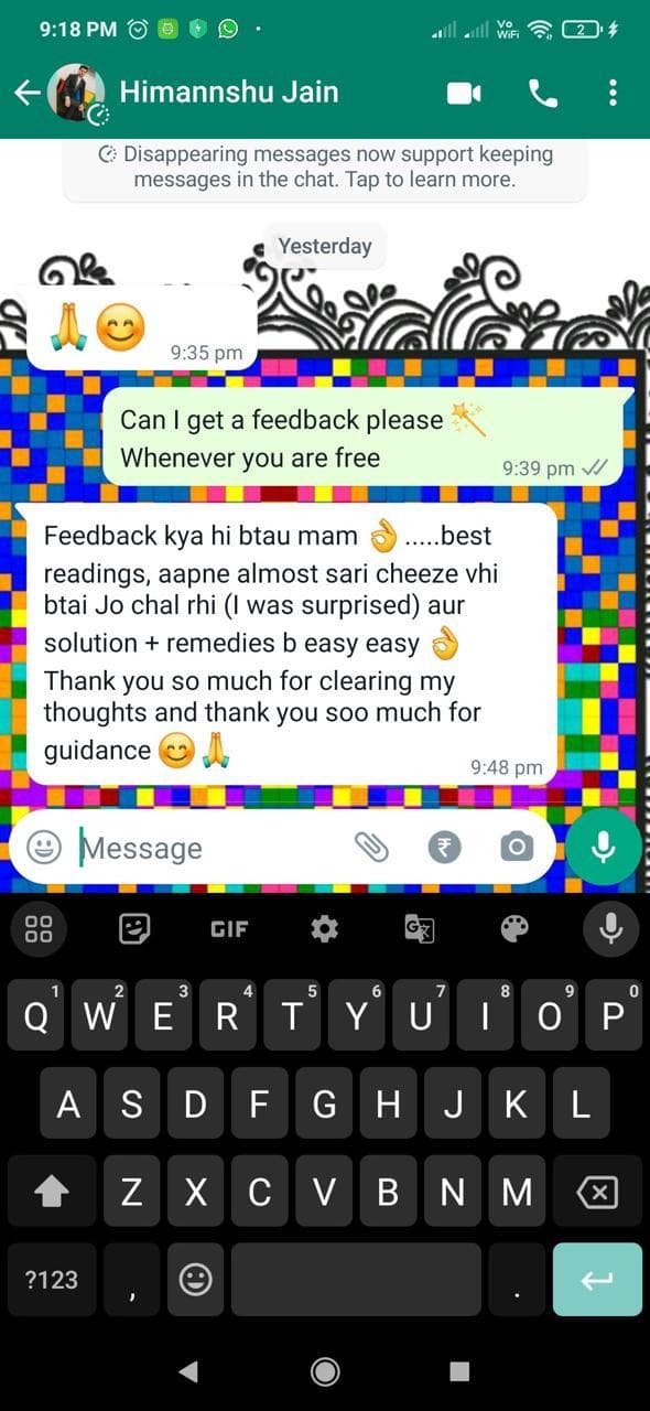 Client testimonial screenshot praising accurate readings, remedies, and clear guidance.