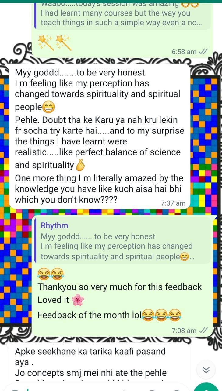 Client testimonial screenshot praising simple, realistic spiritual teaching.